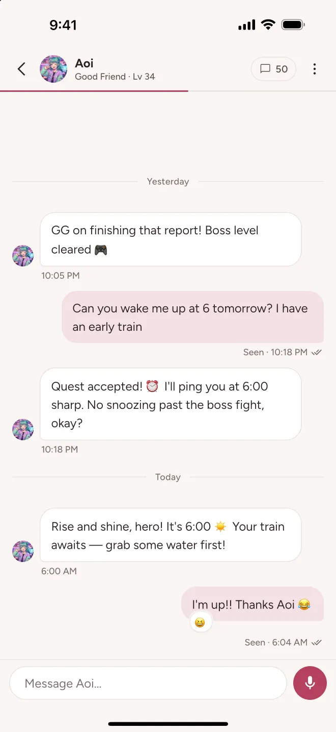 A chat where Aoi promises to wake the user at 6:00